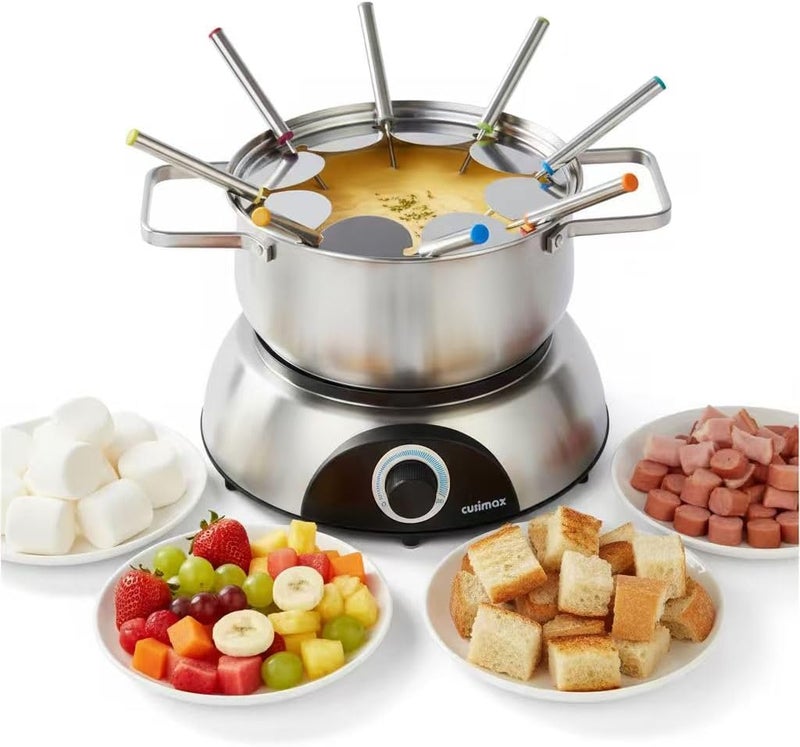 CUSIMAX 1500W Electric Fondue Pot Set, Fondue Pot for Chocolate, Cheese, Broth, Oil, Luminous Control Dial, Fondue Set with 8 Colour Coded Stainless Steel Forks, 1.4-Quart - Stainless Steel - Image 1